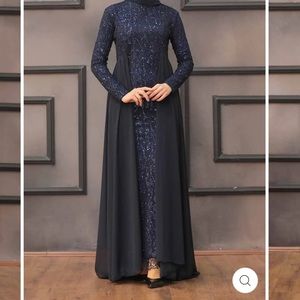 Blue Sequin Long Sleeve Mock Neck Gown
